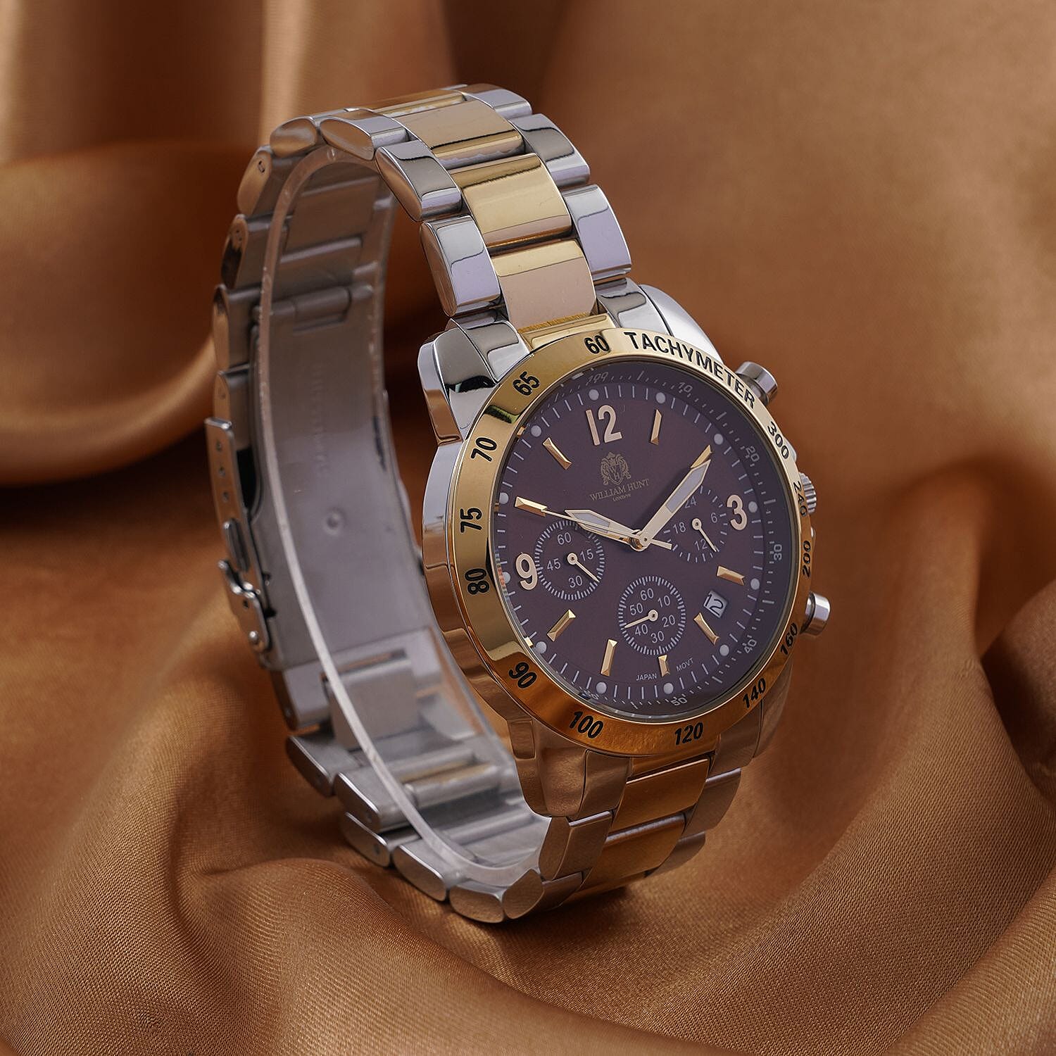 WILLIAM HUNT VD53 Multi-Function Japan Quartz 5ATM WR Dark Brown Sunshine Dial & Two-Tone Case Mens Watch with Two-Tone Stainless Steel Strap